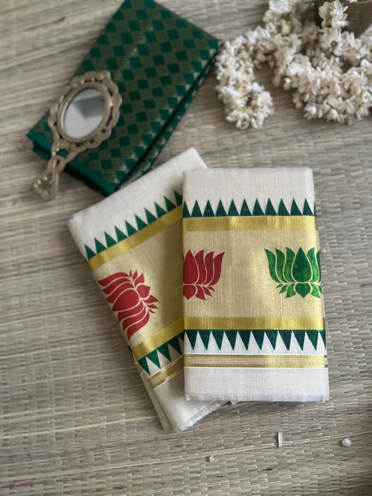 Padma – Balaramapuram Kasavu Set Mundu with Lotus Kasavu Border with blouse