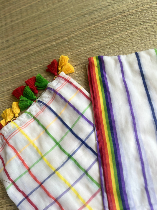 Aishwariya – White Mul Mul Cotton Saree with Multicolor Stripes & Tassels