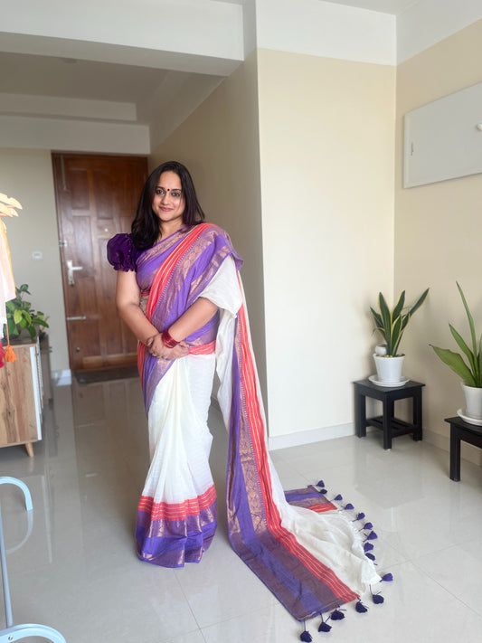 Vaidehika Purple & Red 120 Count Mul Cotton Saree