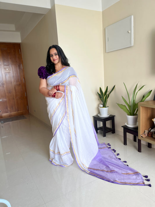 Neelambari – Pure 120 Count Mulcotton Saree with Fine Zari Border & Lavender Pallu