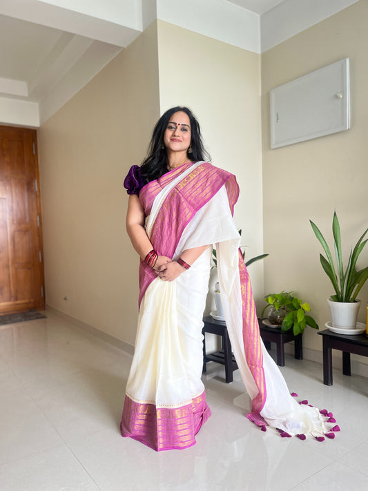 Aaradhya Purple & Gold 120 Count Mul Cotton Saree