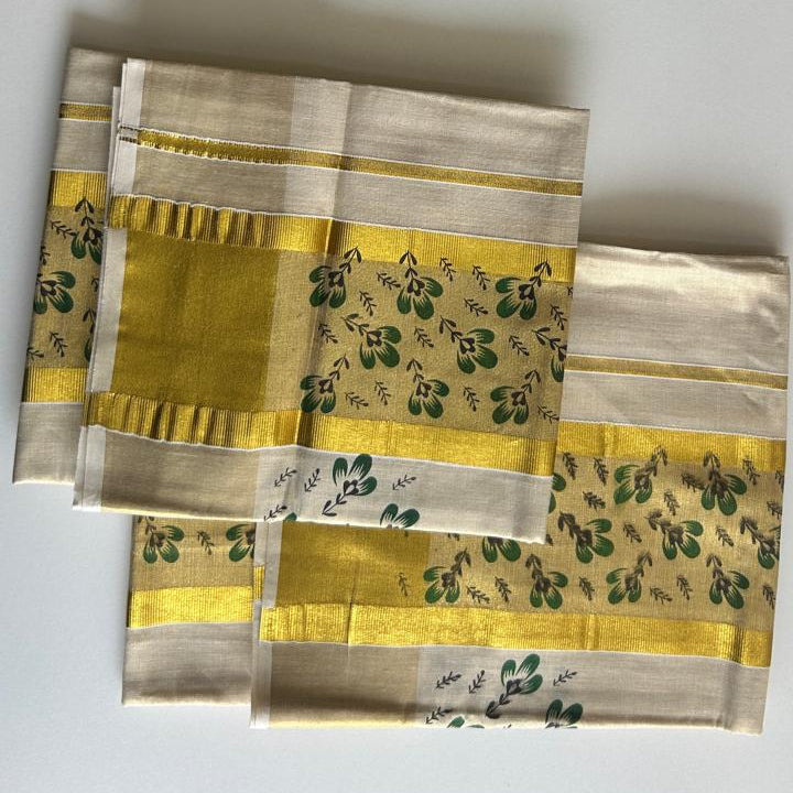 Devangana – Balaramapuram Kasavu Set Mundu with Dark Green Floral Border