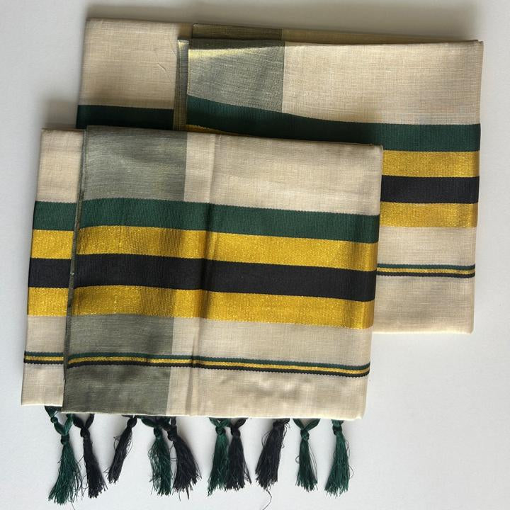 Kanchana – Balaramapuram Kasavu Set Mundu with Green, Black & Gold Border