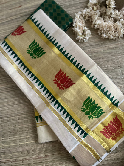 Padma – Balaramapuram Kasavu Set Mundu with Lotus Kasavu Border with blouse