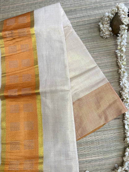 Kanakambari – Balaramapuram Kasavu Saree with Copper Orange Kasavu Border