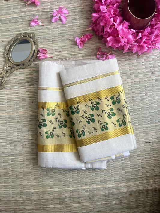 Devangana – Balaramapuram Kasavu Set Mundu with Dark Green Floral Border