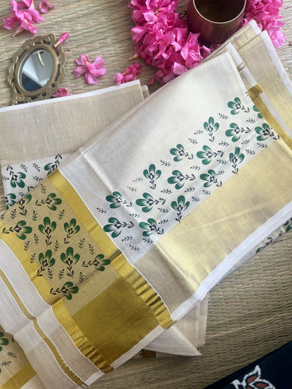 Devangana – Balaramapuram Kasavu Set Mundu with Dark Green Floral Border
