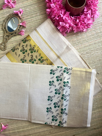 Devangana – Balaramapuram Kasavu Set Mundu with Dark Green Floral Border