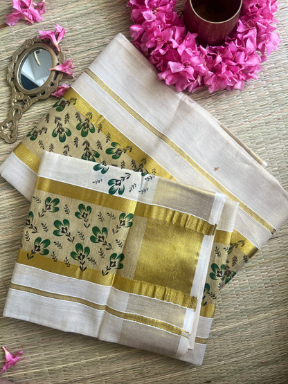 Devangana – Balaramapuram Kasavu Set Mundu with Dark Green Floral Border