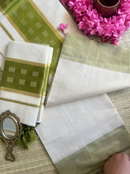 Thalir – Balaramapuram Kasavu Set Mundu with Light Green Kasavu Border