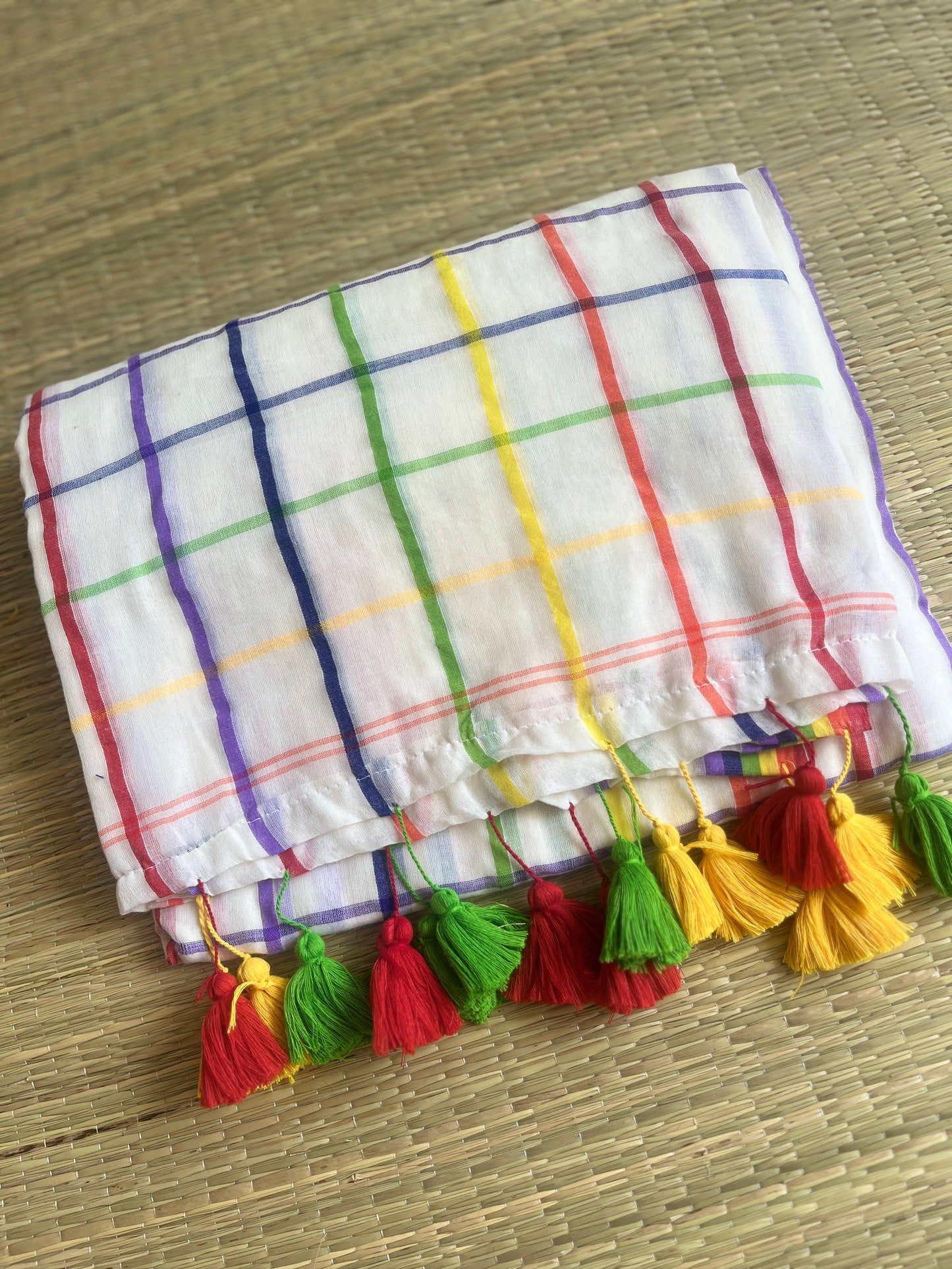 Aishwariya – White Mul Mul Cotton Saree with Multicolor Stripes & Tassels