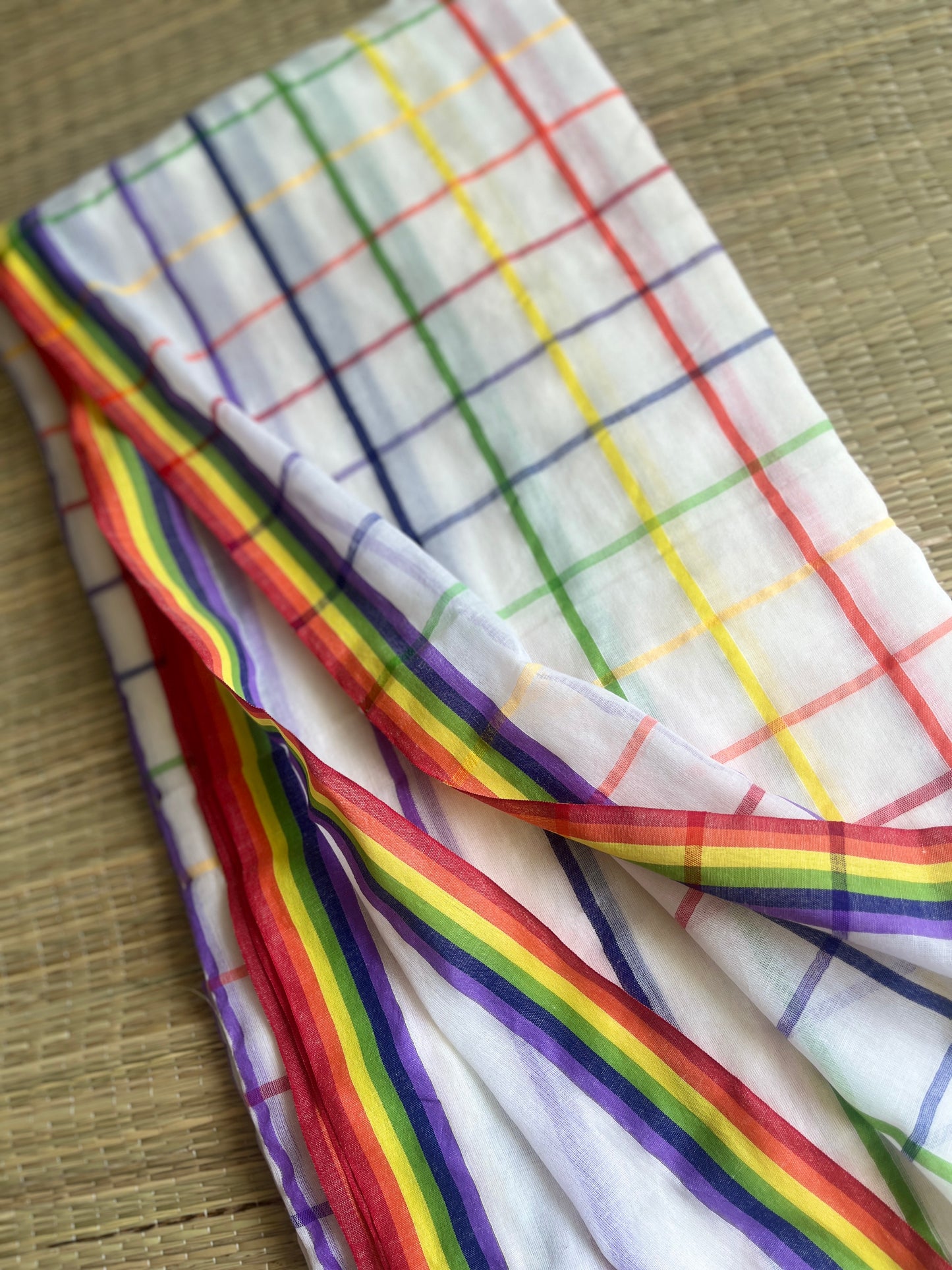 Aishwariya – White Mul Mul Cotton Saree with Multicolor Stripes & Tassels