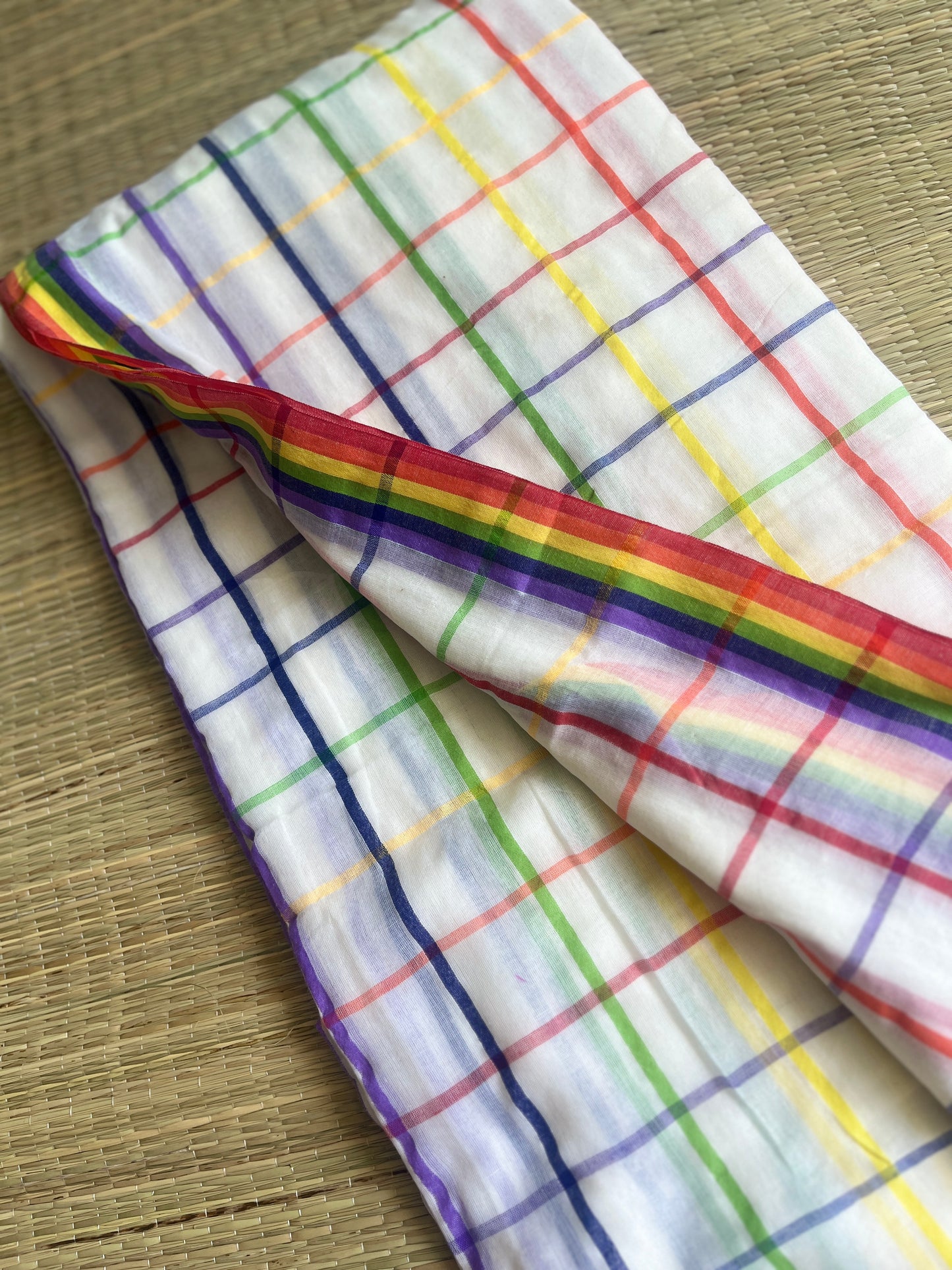 Aishwariya – White Mul Mul Cotton Saree with Multicolor Stripes & Tassels