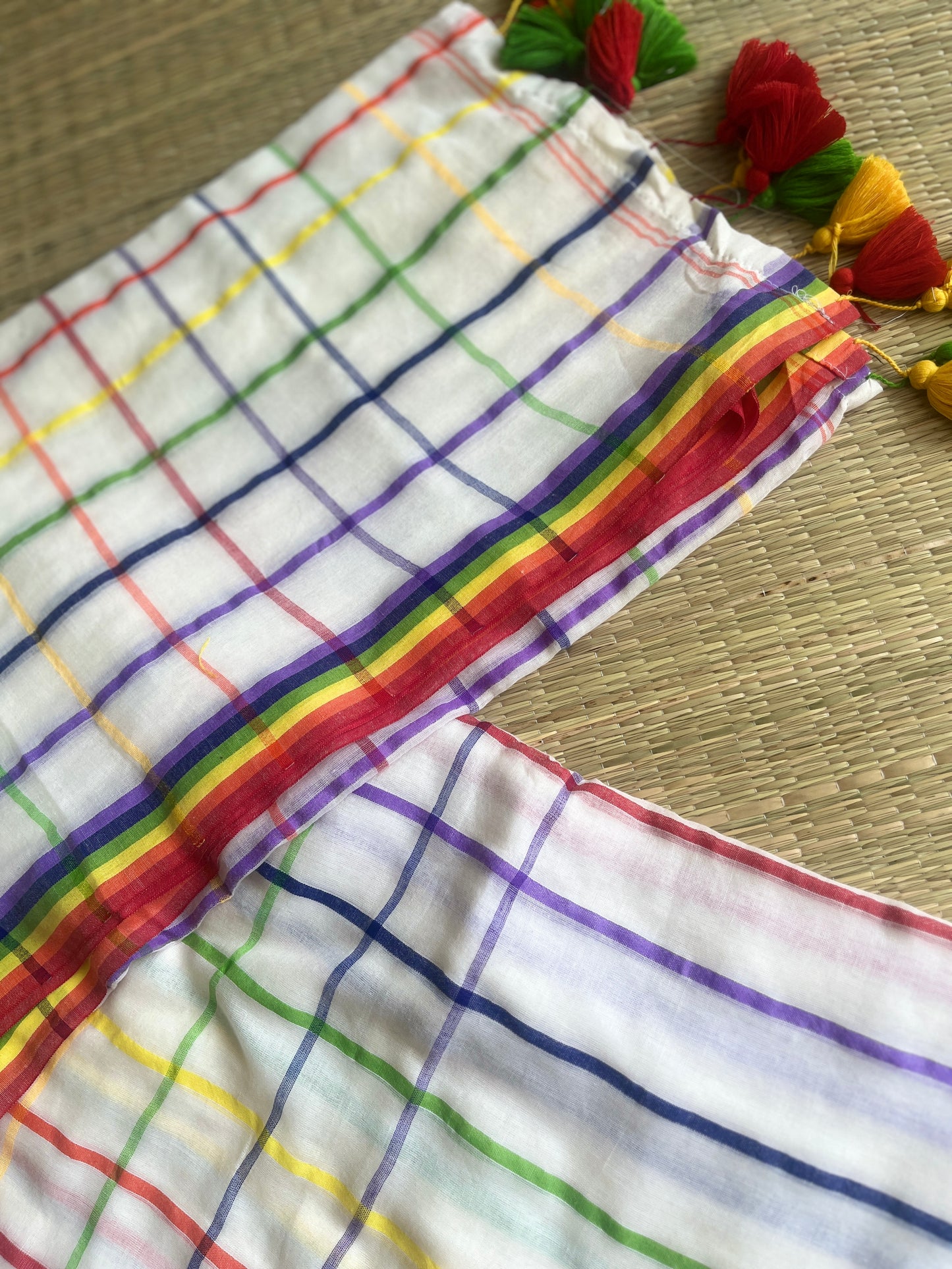 Aishwariya – White Mul Mul Cotton Saree with Multicolor Stripes & Tassels