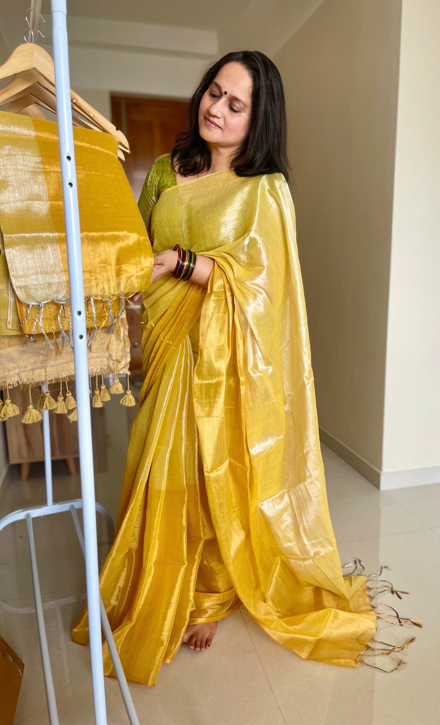 Maya - Double Shade Golden Tissue Half & Half Saree with Tassels