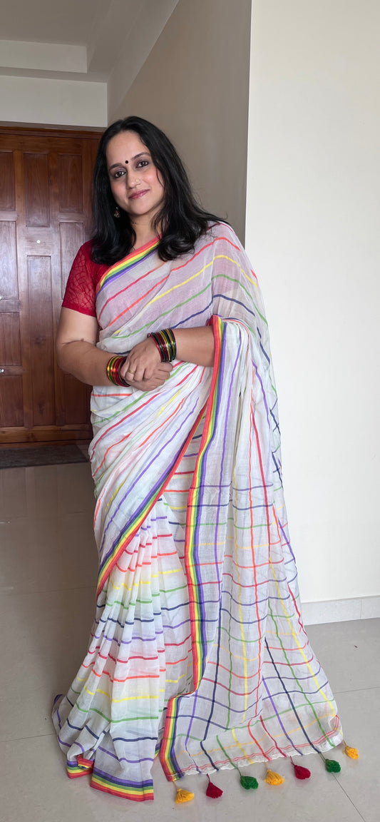 Aishwariya – White Mul Mul Cotton Saree with Multicolor Stripes & Tassels