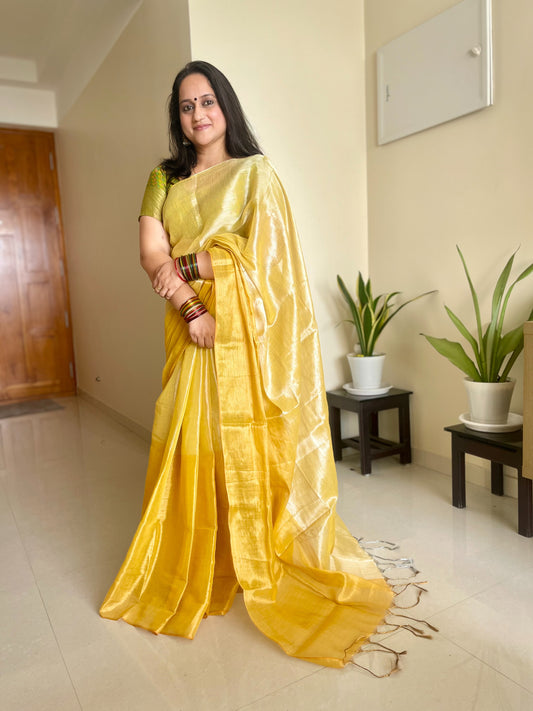 Maya - Double Shade Golden Tissue Half & Half Saree with Tassels