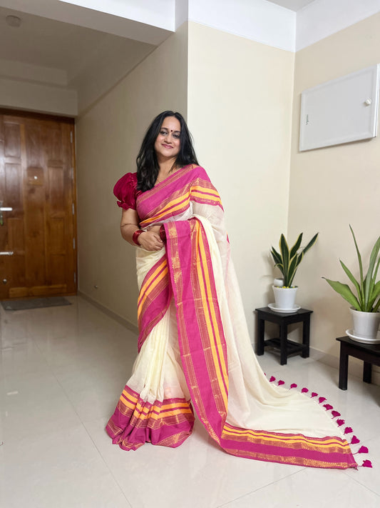 Pink Margazhi Mul Cotton Saree with Golden and Yellow Zari Border