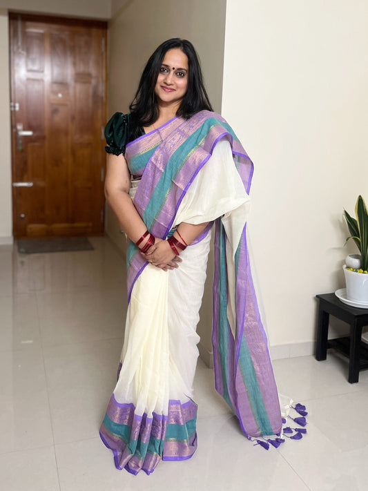 Kalyani Lavender & Teal 120 Count Mul Cotton Saree