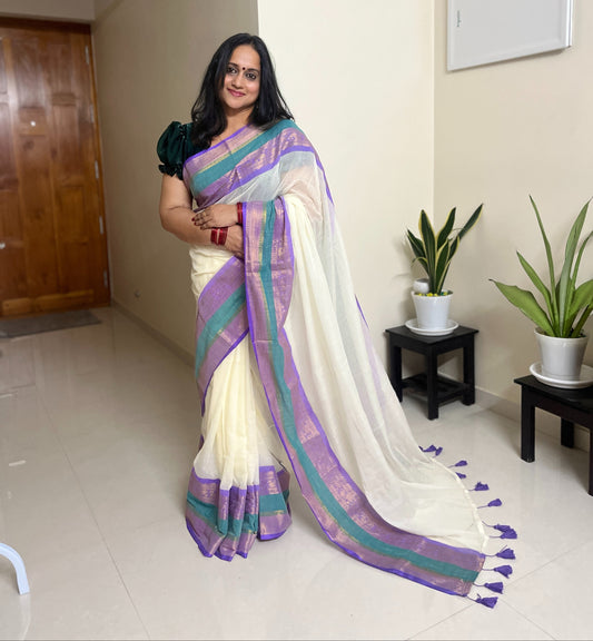 Kalyani Lavender & Teal 120 Count Mul Cotton Saree