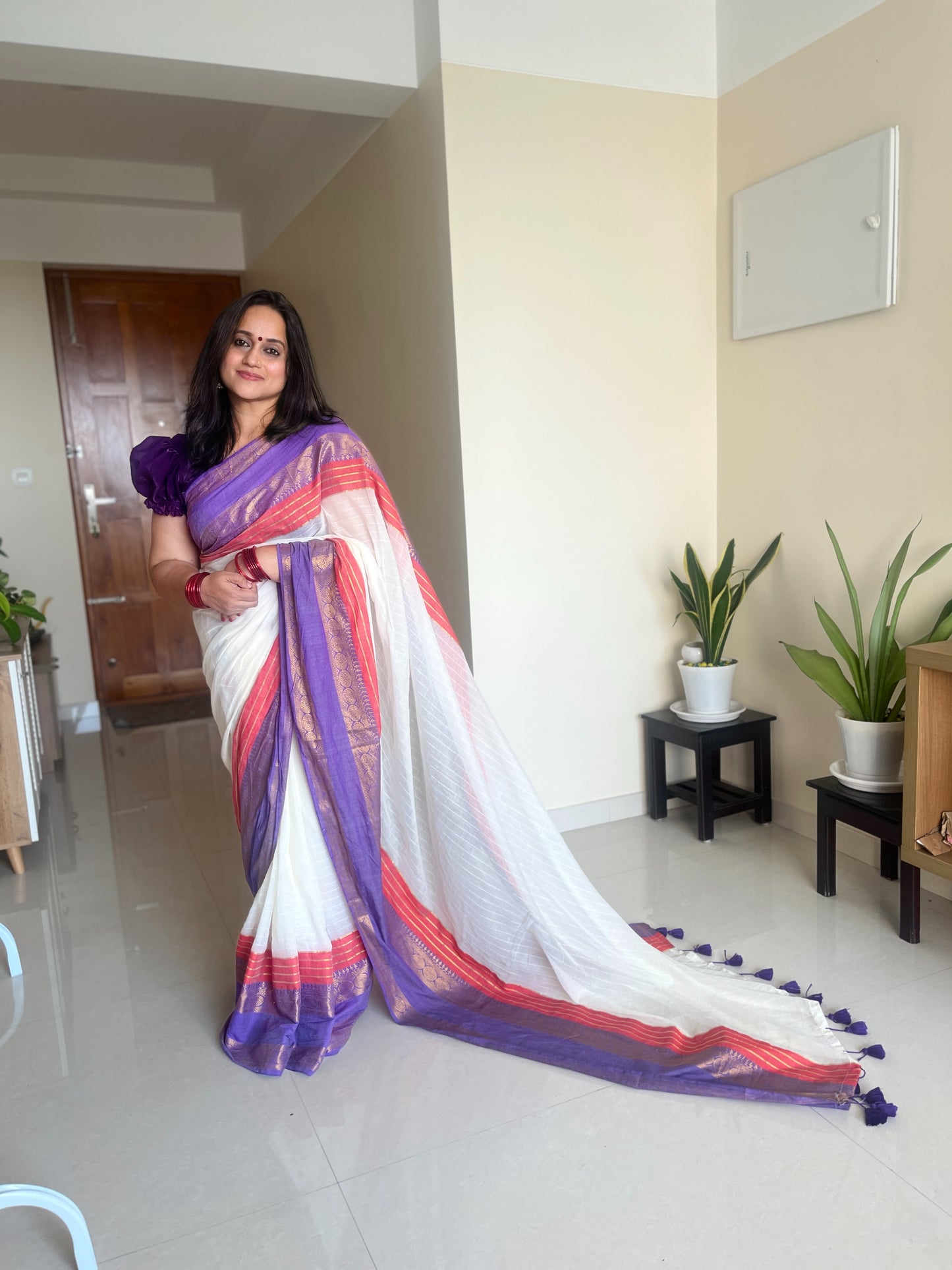 Vaidehika Purple & Red 120 Count Mul Cotton Saree