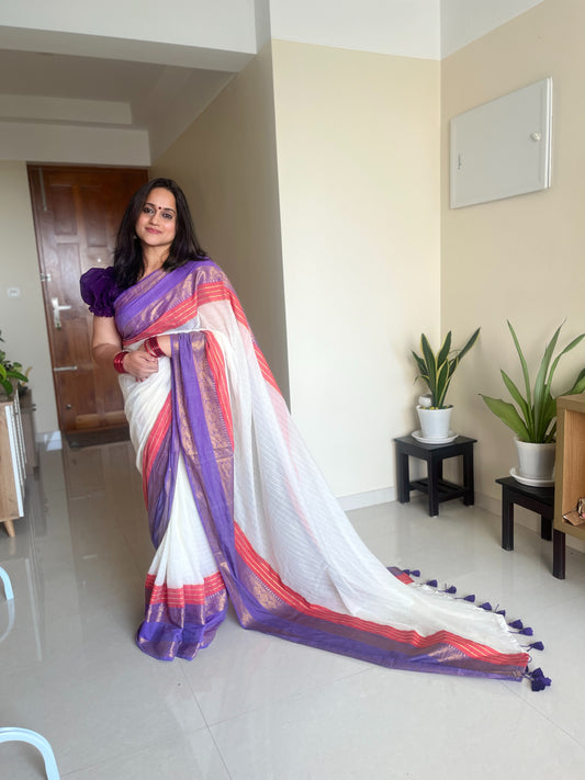 Vaidehika Purple & Red 120 Count Mul Cotton Saree