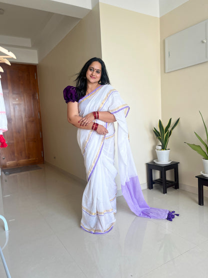 Neelambari – Pure 120 Count Mulcotton Saree with Fine Zari Border &amp; Lavender Pallu