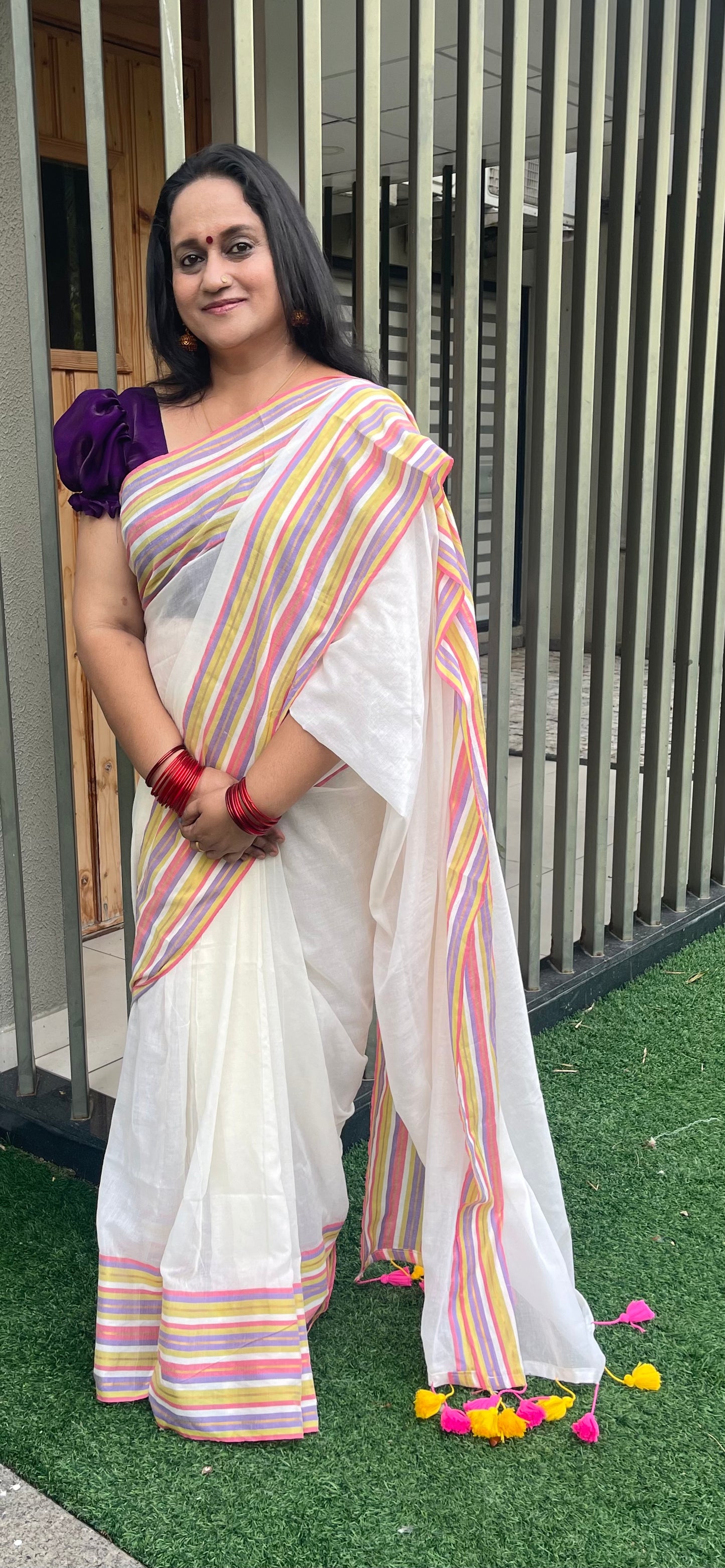 Mridula Pastel Multicolour Striped 120 Count Mul Cotton Saree
