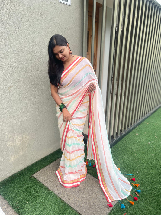 Varna Pastel Striped 120 Count Mul Cotton Saree