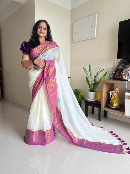 Aaradhya Purple & Gold 120 Count Mul Cotton Saree