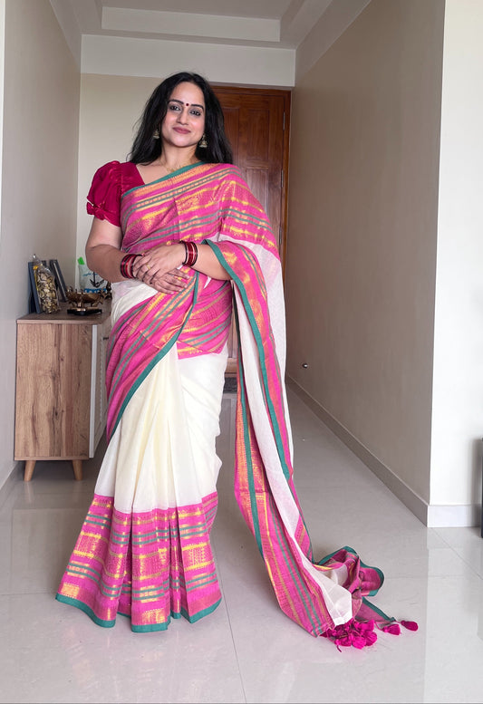 Meenakshi Pink & Green 120 Count Mul Cotton Saree
