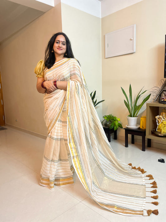 Annapoorna Gold & Green 120 Count Mul Cotton Saree