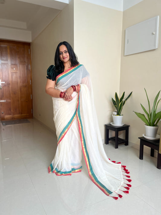 Thulasi Green & Red 120 Count Mul Cotton Saree