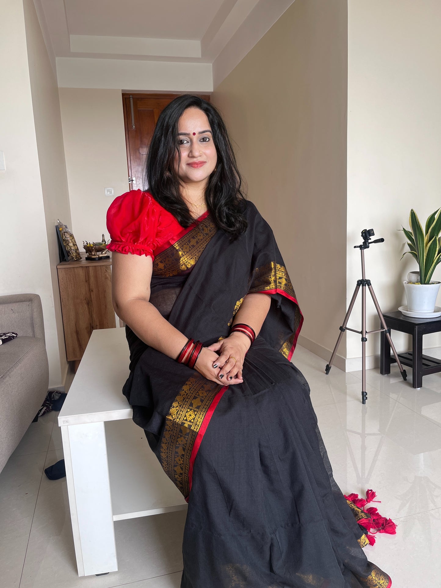 Shyama Black 120 Count Mul Cotton Saree