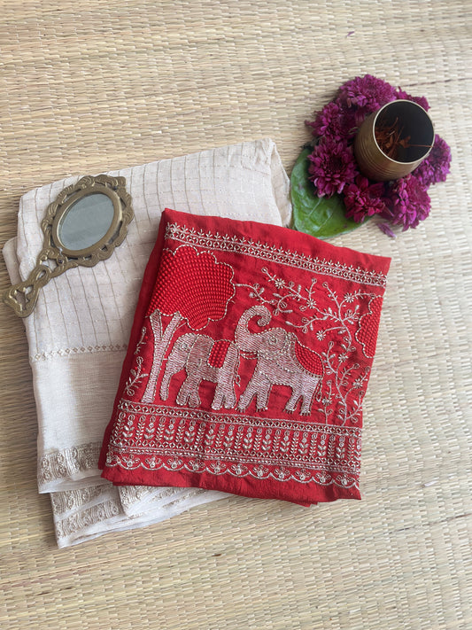 AINA-  Ivory Viscose Georgette Saree with Red Zari Handwork Blouse Piece