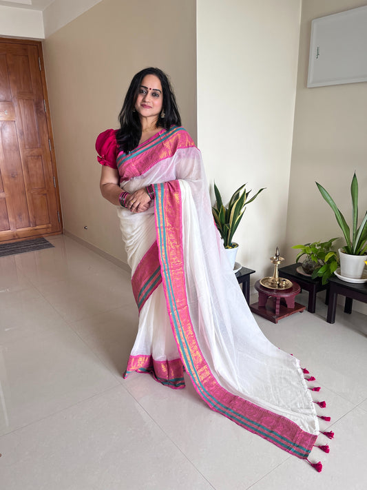 Sreedevi Pink & Green 120 Count Mul Cotton Saree