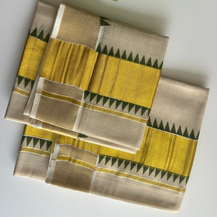 Indulekha Balaramapuram Kasavu Set Mundu – Cream & Gold with Dark Green Temple Border