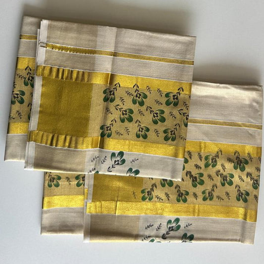 Devangana – Balaramapuram Kasavu Set Mundu with Dark Green Floral Border