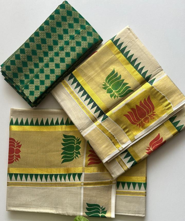 Padma – Balaramapuram Kasavu Set Mundu with Lotus Kasavu Border with blouse