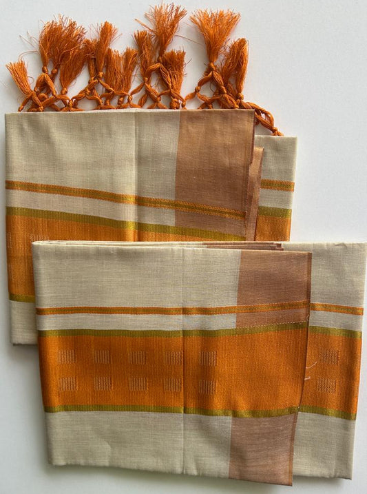 Sandhya – Balaramapuram Kasavu Set Mundu with Copper Orange Kasavu Border