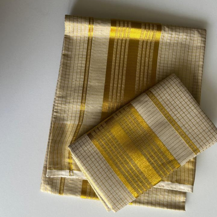 Mohini – Balaramapuram Kasavu Set Mundu with Classic Striped Kasavu Border