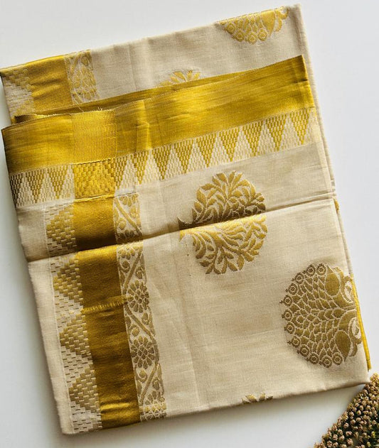 Mayuri – Balaramapuram Kasavu Saree with Peacock Motif Border