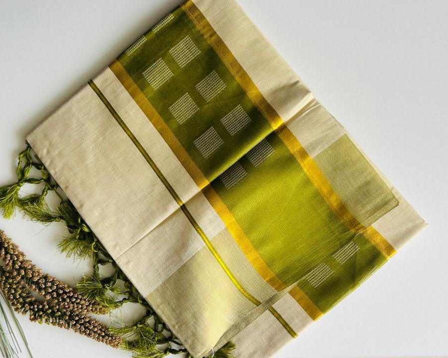 Thalir – Balaramapuram Kasavu Saree with Green Kasavu Border