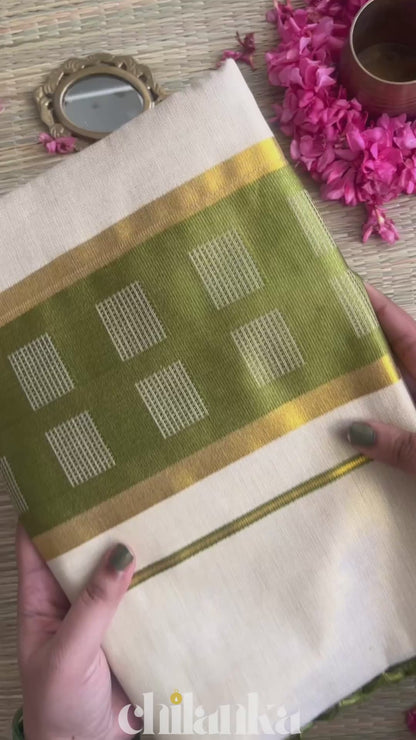 Thalir – Balaramapuram Kasavu Saree with Green Kasavu Border